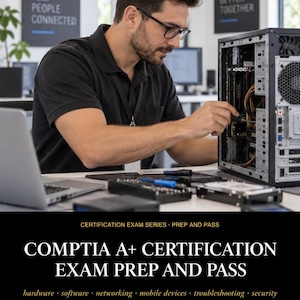 Può includere: Una copertina di libro intitolata COMPTIA A+ CERTIFICATION EXAM PREP AND PASS. Il testo include Certification Exam Series, Prep and Pass, hardware, software, networking, mobile devices, troubleshooting, security, synopsis, shorthand notes, key terms, Q&A, checklists e printable study cube.