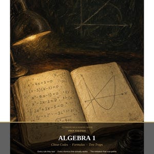 Può includere: Un libro aperto con equazioni algebriche scritte a mano e un grafico a parabola, illuminato da una lampada da scrivania. La copertina riporta il testo: ULTIMATE HIGH SCHOOL MATH PREP AND PASS, ALGEBRA 1, Cheat Codes, Formulas, Test Traps, Grades 8-10.