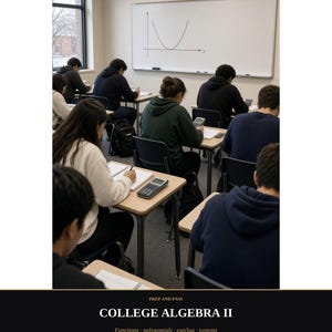 May include: A classroom setting with students seated at individual desks, writing in notebooks and using calculators. A white board at the front displays a parabolic graph. Text at the bottom reads: PREP AND PASS COLLEGE ALGEBRA II.