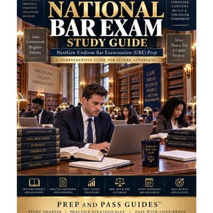 May include: A study guide titled The Complete National Bar Exam Study Guide for NextGen Uniform Bar Examination prep. The cover features a library setting with a person using a laptop, stacks of law books, and a mug labeled Prepare Practice Pass.