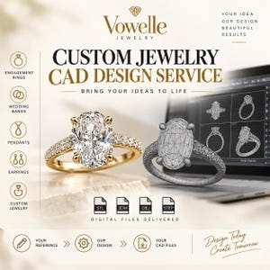 May include: A custom jewellery CAD design service advertisement featuring a gold oval-cut diamond ring and its 3D wireframe model on a laptop screen. Text includes Vowelle Jewellery, Custom Jewellery CAD Design Service, and digital file formats.