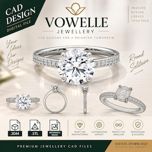 May include: A digital CAD design file for a round solitaire ring by Vowelle Jewellery. The image displays a silver-toned ring with a central round stone and pavé band, shown from multiple angles including a wireframe view and file format icons.