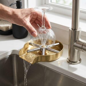 May include: A gold-toned metal glass rinser featuring a circular base with a spout that directs water into a sink. The device has a central spray nozzle with six radiating arms, designed to clean the interior of a clear glass placed upside down.