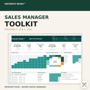 Puede incluir: Una plantilla de hoja de cálculo digital Sales Manager Toolkit que presenta un panel de KPI de ventas Instantly Ready. La interfaz muestra métricas que incluyen ingresos totales, unidades vendidas, tamaño promedio de trato, valor de canalización y tasa de éxito.