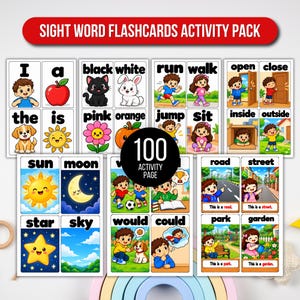 Puede incluir: Un paquete de actividades con tarjetas de palabras visuales que incluye 100 páginas de actividades. Las tarjetas muestran ilustraciones coloridas de niños, animales y objetos junto con etiquetas de texto como I, a, black, white, run, walk, open, close.