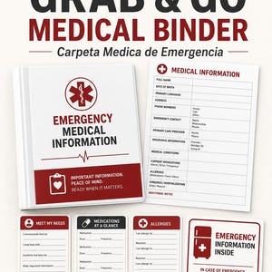 May include: An emergency grab and go medical binder set featuring a white binder with a red medical symbol, a medical information form, three smaller cards for needs, medications, and allergies, and a refrigerator sign with red and black text.