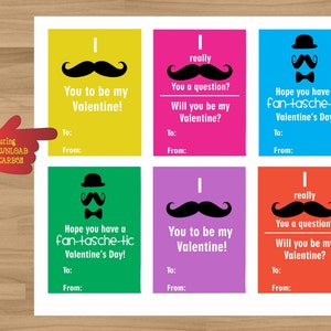 SOFORTIGER DOWNLOAD - EDITIERBAR - Kinder Valentinstagskarten mit Schnurrbart - 6 Kartenset
