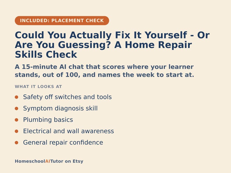 May include: A beige informational graphic titled Could You Actually Fix It Yourself - Or Are You Guessing? A Home Repair Skills Check. It describes a 15-minute AI chat covering safety, symptom diagnosis, plumbing, electrical awareness, and repair confidence.
