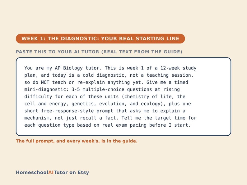May include: A digital study guide page titled WEEK 1: THE DIAGNOSTIC: YOUR REAL STARTING LINE. It features a text box with instructions for an AI tutor to provide an AP Biology diagnostic, including multiple-choice questions and a free-response prompt.