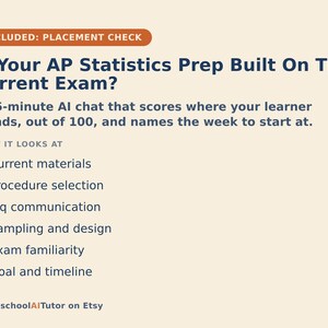 Op de afbeelding: Een cr&egrave;mekleurige informatieve afbeelding met donkerblauwe tekst getiteld Is Your AP Statistics Prep Built On The Current Exam? Het beschrijft een AI-chat van 15 minuten die leerlingen beoordeelt op 100 en zes criteria met oranje stippen opsomt.