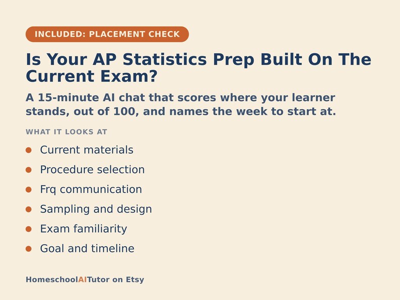 Op de afbeelding: Een cr&egrave;mekleurige informatieve afbeelding met donkerblauwe tekst getiteld Is Your AP Statistics Prep Built On The Current Exam? Het beschrijft een AI-chat van 15 minuten die leerlingen beoordeelt op 100 en zes criteria met oranje stippen opsomt.