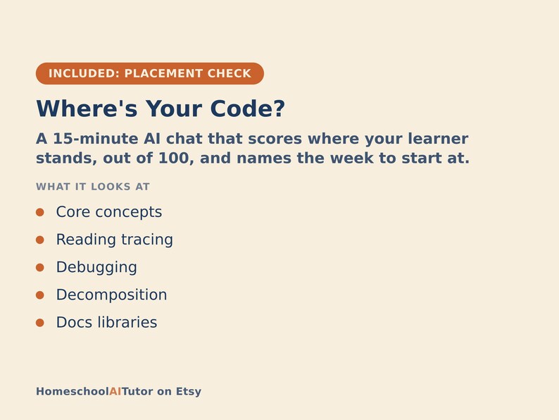 May include: A light beige informational graphic with dark blue and orange text. It reads: INCLUDED: PLACEMENT CHECK, Where's Your Code? A 15-minute AI chat that scores where your learner stands, out of 100, and names the week to start at. WHAT IT LOOKS AT: Core concepts, Reading tracing, Debugging, Decomposition, Docs libraries. HomeschoolAITutor on Etsy.