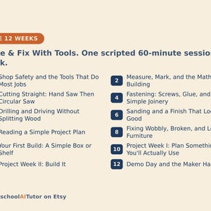 May include: A 12-week educational curriculum titled Make & Fix With Tools, featuring a 60-minute weekly session plan. The list includes topics such as shop safety, measuring, cutting, drilling, fastening, sanding, furniture repair, and project building.