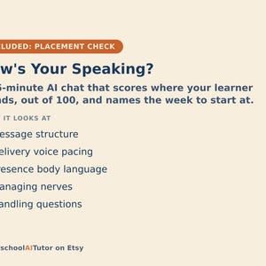 May include: A beige informational graphic titled How's Your Speaking? featuring a 15-minute AI chat assessment. It lists evaluation criteria including message structure, delivery voice pacing, presence body language, managing nerves, and handling questions.