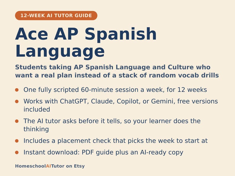 May include: A 12-week AI tutor guide for AP Spanish Language and Culture. The document features dark blue text on a light background, outlining a 60-minute weekly session plan compatible with ChatGPT, Claude, Copilot, or Gemini, plus a PDF guide.