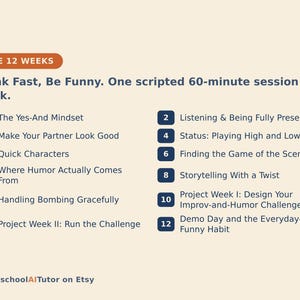 May include: A curriculum outline titled The 12 Weeks: Think Fast, Be Funny. One scripted 60-minute session a week. It lists 12 numbered topics including The Yes-And Mindset, Listening & Being Fully Present, and Demo Day. HomeschoolAITutor on Etsy.