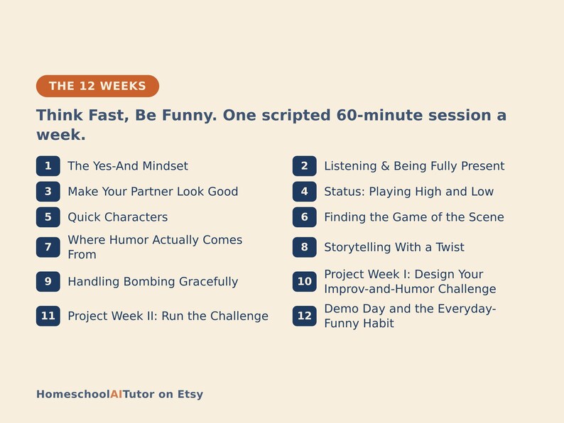 May include: A curriculum outline titled The 12 Weeks: Think Fast, Be Funny. One scripted 60-minute session a week. It lists 12 numbered topics including The Yes-And Mindset, Listening & Being Fully Present, and Demo Day. HomeschoolAITutor on Etsy.