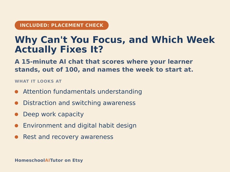 Pu&ograve; includere: Un grafico informativo beige intitolato Why Can't You Focus, and Which Week Actually Fixes It? Descrive una chat AI di 15 minuti che valuta attenzione, distrazione, lavoro profondo, abitudini digitali e riposo, con il testo HomeschoolAITutor on Etsy.
