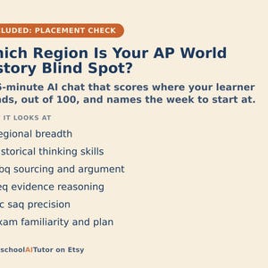 May include: A beige informational graphic titled Which Region Is Your AP World History Blind Spot? It describes a 15-minute AI chat that scores learners out of 100 and lists evaluation criteria including regional breadth, historical thinking skills, Dbq sourcing, Leq reasoning, Mc saq precision, and exam plan.