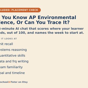 May include: A light cream-colored informational graphic titled Do You Know AP Environmental Science, Or Can You Trace It? It describes a 15-minute AI chat that evaluates unit recall, systems reasoning, quantitative skills, data and frq writing, exam familiarity, and goal and timeline. The text includes the label INCLUDED: PLACEMENT CHECK and the brand name HomeschoolAITutor on Etsy.