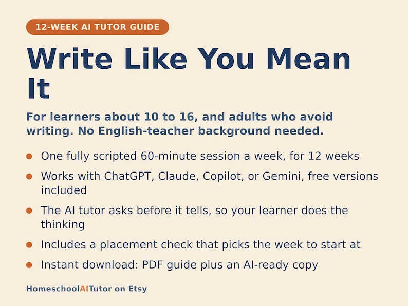 Op de afbeelding: Een 12-weekse AI-tutorhandleiding getiteld Write Like You Mean It, bedoeld voor leerlingen van 10 tot 16 jaar en volwassenen. Het document beschrijft een wekelijkse, volledig gescripte sessie van 60 minuten met ChatGPT, Claude, Copilot of Gemini.