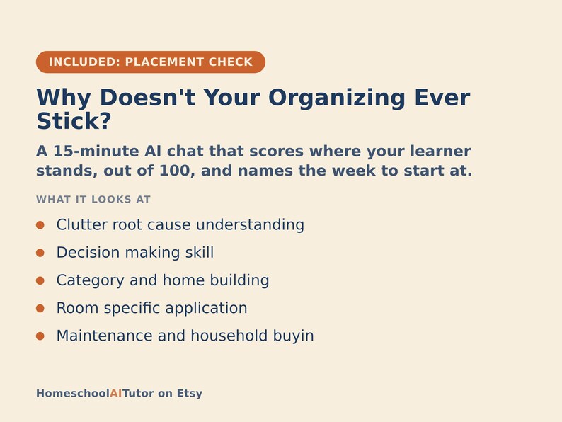 May include: A beige informational graphic titled Why Doesn't Your Organizing Ever Stick? with dark blue text. It describes a 15-minute AI chat that scores learner progress out of 100 and lists five focus areas: clutter, decision making, home building, room application, and maintenance.