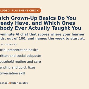K&ouml;nnte beinhalten: Eine beige Infografik mit dem Titel Which Grown-Up Basics Do You Already Have, and Which Ones Nobody Ever Actually Taught You. Sie beschreibt einen 15-min&uuml;tigen KI-Chat zu Themen wie soziale Pr&auml;sentation, Etikette, Haushaltspflege und Konversation.