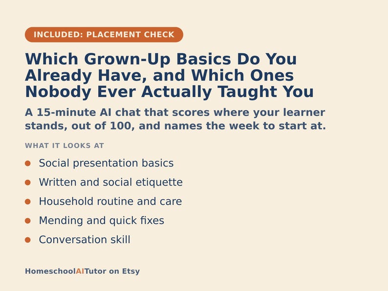 K&ouml;nnte beinhalten: Eine beige Infografik mit dem Titel Which Grown-Up Basics Do You Already Have, and Which Ones Nobody Ever Actually Taught You. Sie beschreibt einen 15-min&uuml;tigen KI-Chat zu Themen wie soziale Pr&auml;sentation, Etikette, Haushaltspflege und Konversation.