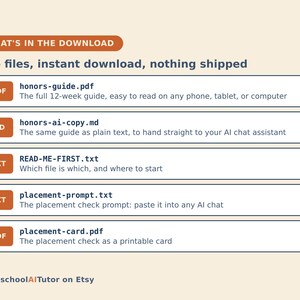May include: A digital download list featuring five files: honors-guide.pdf, honors-ai-copy.md, READ-ME-FIRST.txt, placement-prompt.txt, and placement-card.pdf. Each entry includes a file type icon and a brief description of its contents.