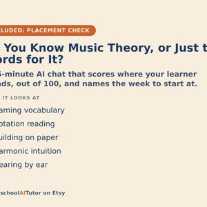 May include: A light beige informational graphic with dark blue text titled Do You Know Music Theory, or Just the Words for It? It describes a 15-minute AI chat that scores learners out of 100 and lists five focus areas: naming vocabulary, notation reading, building on paper, harmonic intuition, and hearing by ear.
