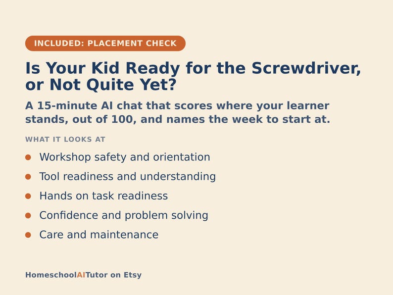 Puede incluir: Un gr&aacute;fico informativo beige titulado Is Your Kid Ready for the Screwdriver, or Not Quite Yet? Describe un chat de IA de 15 minutos que eval&uacute;a la preparaci&oacute;n del estudiante sobre 100, cubriendo seguridad, herramientas y mantenimiento.