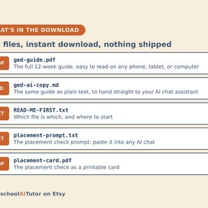 May include: A digital download list featuring five files: ged-guide.pdf, ged-ai-copy.md, READ-ME-FIRST.txt, placement-prompt.txt, and placement-card.pdf. The text includes descriptions for each file and the title HomeschoolAITutor on Etsy.