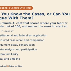 May include: A beige informational graphic titled "Do You Know the Cases, or Can You Argue With Them?" featuring a 15-minute AI chat description. It lists six bulleted points including institutional application, case recall, and essay construction.