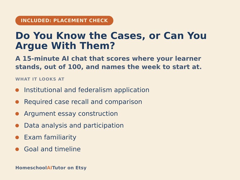 May include: A beige informational graphic titled "Do You Know the Cases, or Can You Argue With Them?" featuring a 15-minute AI chat description. It lists six bulleted points including institutional application, case recall, and essay construction.