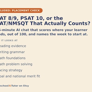May include: A light-coloured informational graphic titled PSAT 8/9, PSAT 10, or the PSAT/NMSQT That Actually Counts? It describes a 15-minute AI chat service that evaluates reading evidence, writing grammar, math foundations, problem solving, and pacing.