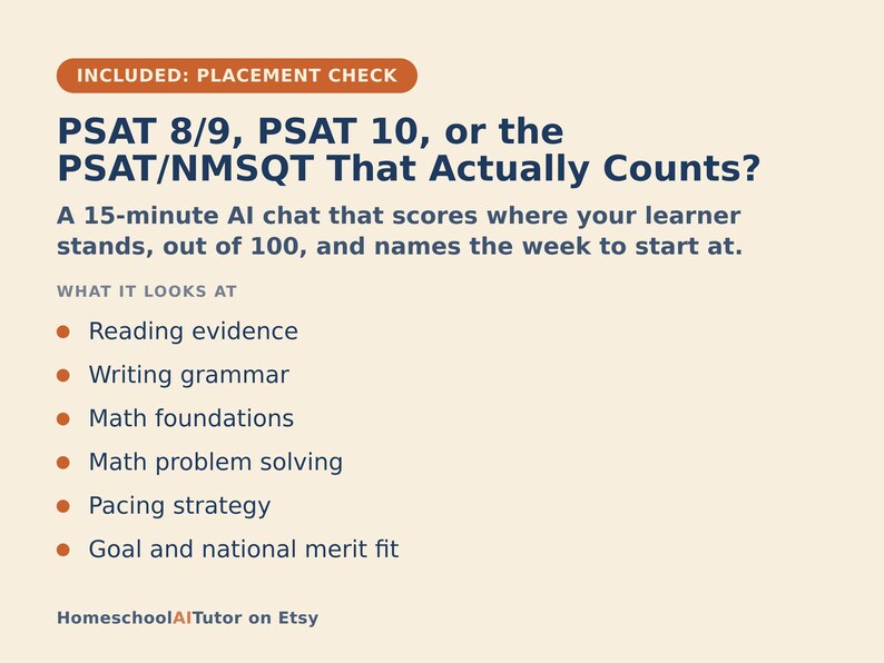 May include: A light-coloured informational graphic titled PSAT 8/9, PSAT 10, or the PSAT/NMSQT That Actually Counts? It describes a 15-minute AI chat service that evaluates reading evidence, writing grammar, math foundations, problem solving, and pacing.