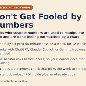 Op de afbeelding: Een 12-weekse AI-tutorhandleiding getiteld Don't Get Fooled by Numbers. Het beschrijft een wekelijkse sessie van 60 minuten gedurende 12 weken met ChatGPT, Claude, Copilot of Gemini. Bevat een niveautest en een downloadbare PDF-handleiding.