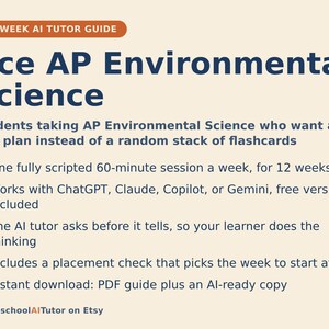 May include: A 12-week AI tutor guide for AP Environmental Science. The document features a dark blue title on a light cream background with orange bullet points. It outlines a 60-minute weekly session plan compatible with ChatGPT, Claude, Copilot, or Gemini.