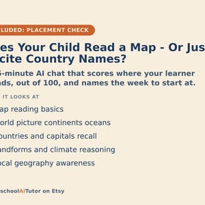 Pu&ograve; includere: Un grafico informativo beige intitolato Does Your Child Read a Map - Or Just Recite Country Names? Descrive una valutazione tramite chat IA di 15 minuti che copre la lettura delle mappe, continenti, oceani, paesi, capitali e geografia.