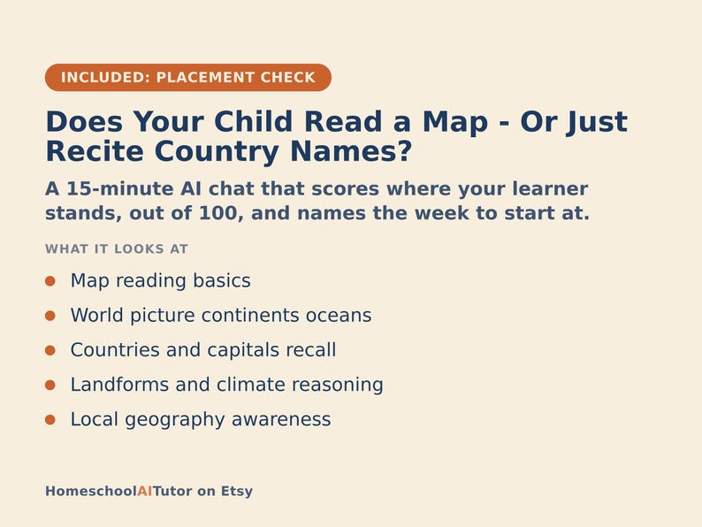 Pu&ograve; includere: Un grafico informativo beige intitolato Does Your Child Read a Map - Or Just Recite Country Names? Descrive una valutazione tramite chat IA di 15 minuti che copre la lettura delle mappe, continenti, oceani, paesi, capitali e geografia.