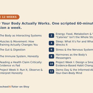 May include: An educational infographic titled THE 12 WEEKS: How Your Body Actually Works. One scripted 60-minute session a week. It lists twelve numbered topics including The Body as Interacting Systems, Energy, Muscles, Sleep, Gut, Stress, Immune System, Hormones, Health Claims, and Projects.