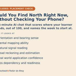 Op de afbeelding: Een lichtgekleurde informatieve afbeelding met donkerblauwe tekst getiteld Could You Find North Right Now, Without Checking Your Phone? Het beschrijft een 15-minuten durende AI-chat voor het beoordelen van ori&euml;ntatie, kaartlezen en GPS.