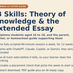 Op de afbeelding: Een 12-weekse AI-tutorhandleiding getiteld IB Skills: Theory of Knowledge & the Extended Essay. Het bevat een opsomming met details over een wekelijkse sessie van 60 minuten, compatibiliteit met AI-tools en een PDF-download.
