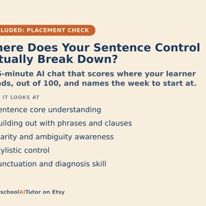 May include: A beige informational graphic titled INCLUDED: PLACEMENT CHECK Where Does Your Sentence Control Actually Break Down? It describes a 15-minute AI chat that scores learner sentence core, phrase building, clarity, stylistic control, and punctuation.