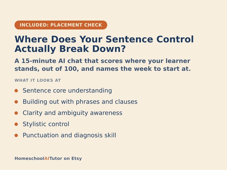 May include: A beige informational graphic titled INCLUDED: PLACEMENT CHECK Where Does Your Sentence Control Actually Break Down? It describes a 15-minute AI chat that scores learner sentence core, phrase building, clarity, stylistic control, and punctuation.
