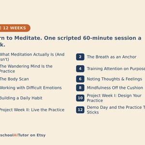 K&ouml;nnte beinhalten: Ein 12-w&ouml;chiger Meditationskurs-Plan mit dem Text: THE 12 WEEKS, Learn to Meditate. One scripted 60-minute session a week. Nummerierte Liste von 1 bis 12 mit Themen wie The Breath as an Anchor, The Body Scan und Building a Daily Habit.