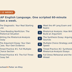 May include: A 12-week study plan titled The 12 Weeks: Ace AP English Language. One scripted 60-minute session a week. The list includes 12 numbered topics: The Diagnostic, Meet the AP Lang Exam, Close-Reading, Rhetorical Analysis, Writing, Synthesis, Argument, Multiple-Choice, Timed Practice, and Full Dress Rehearsal. HomeschoolAITutor on Etsy.
