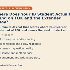 Op de afbeelding: Een beige informatieve afbeelding met donkerblauwe tekst getiteld Where Does Your IB Student Actually Stand on TOK and the Extended Essay? Het beschrijft een AI-chat van 15 minuten die TOK-conceptueel begrip, tentoonstelling en EE-onderzoek evalueert.