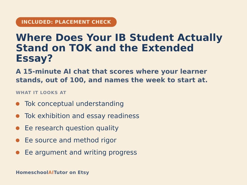 Op de afbeelding: Een beige informatieve afbeelding met donkerblauwe tekst getiteld Where Does Your IB Student Actually Stand on TOK and the Extended Essay? Het beschrijft een AI-chat van 15 minuten die TOK-conceptueel begrip, tentoonstelling en EE-onderzoek evalueert.