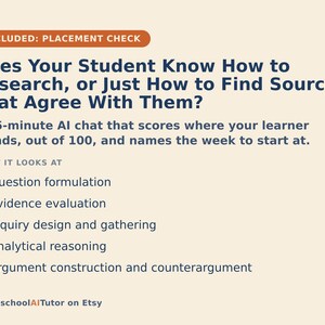 May include: A beige informational graphic with dark blue text titled Does Your Student Know How to Research, or Just How to Find Sources That Agree With Them? It describes a 15-minute AI chat that scores research skills including question formulation, evidence evaluation, inquiry design, analytical reasoning, and argument construction.